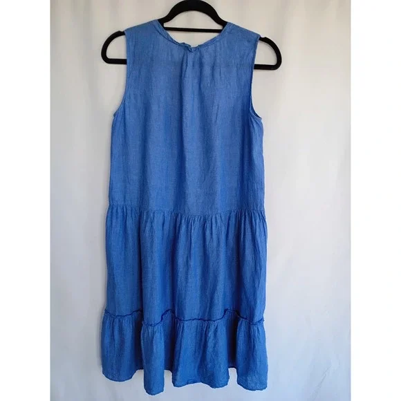 J. McLaughlin Blue Linen Sleeveless Tiered Tassel Tie Neck Dress Small Coastal - Picture 3 of 9